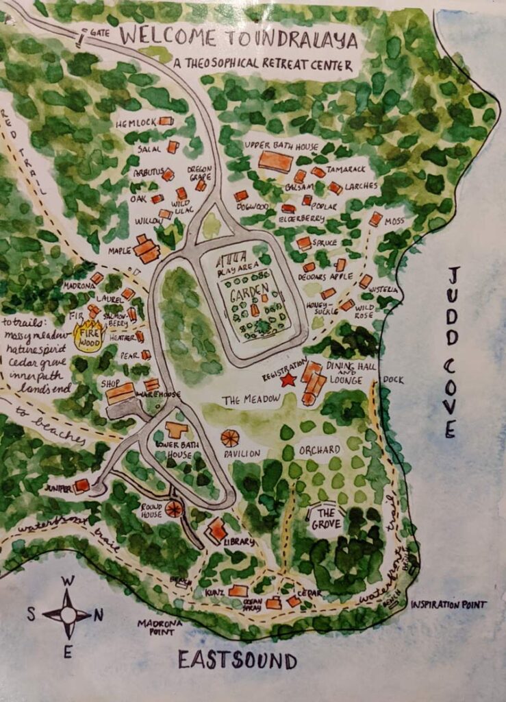 A hand-drawn colorful map of the grounds at Indralaya.
