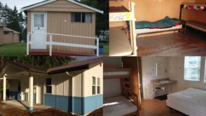 four photos of the interior and exterior of the rustic cabins and ecabins for purposes of comparisson