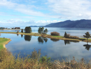 View of the lagoon and ocean from Samish Island Campground, mindfulness meditation retreat location.