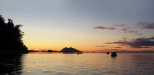 View of the sunset and ocean from Samish Island Campground, mindfulness meditation retreat location.