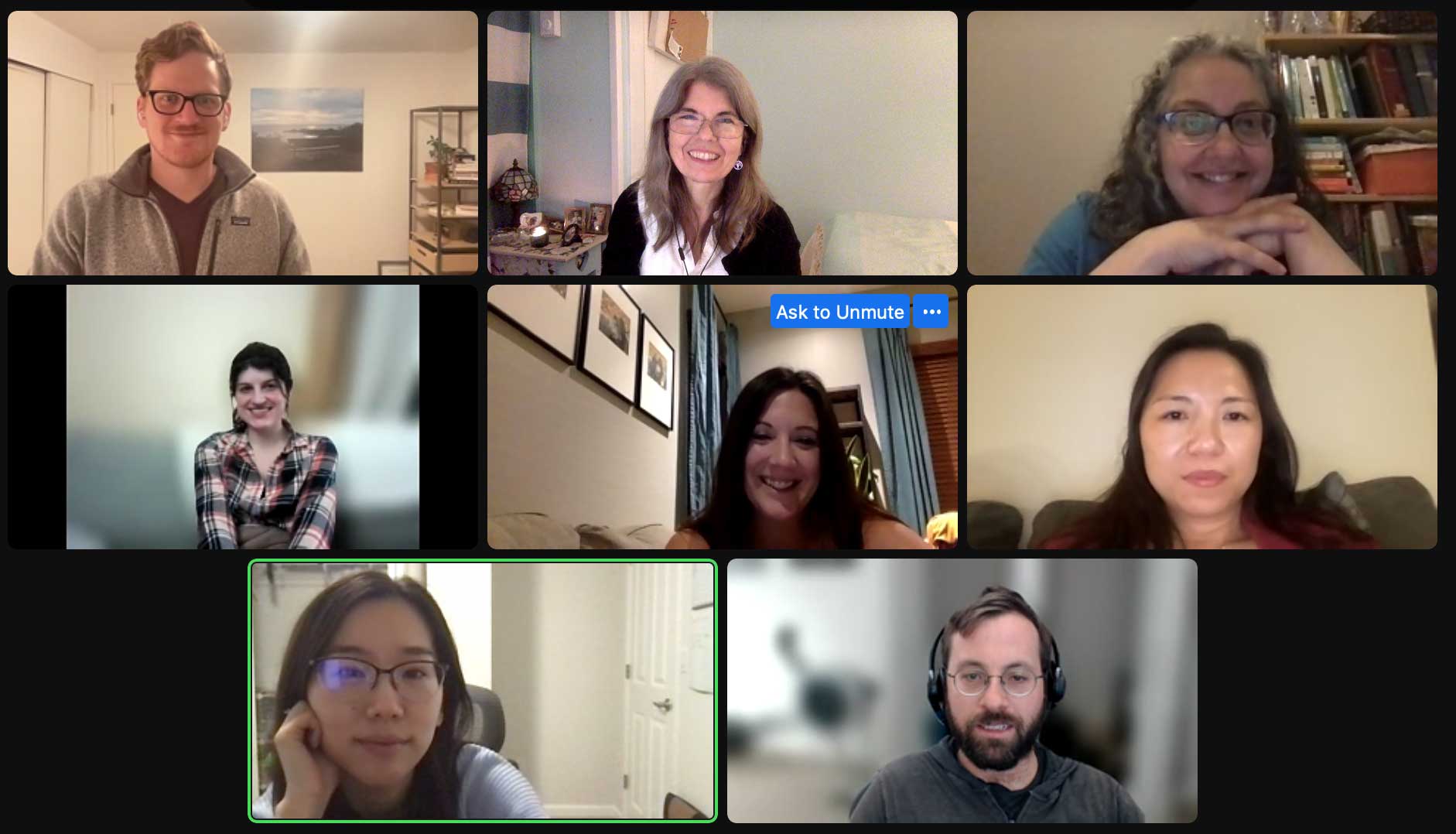 A screenshot of eight people looking at the camera, including mindfulness meditation instructor Teresa Johnson.