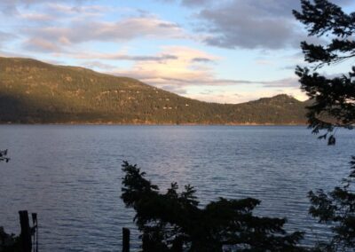 A photo of the view of the water and other side of the island from Indralaya Retreat center on Orcas Island