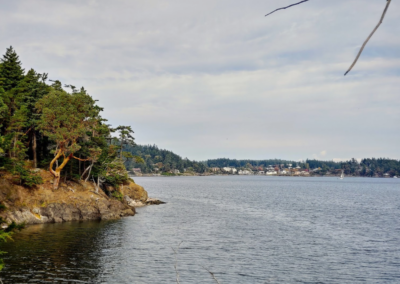 A view of the town of Eastsound across the bay at Indralaya Retreat center on Orcas Island, WA