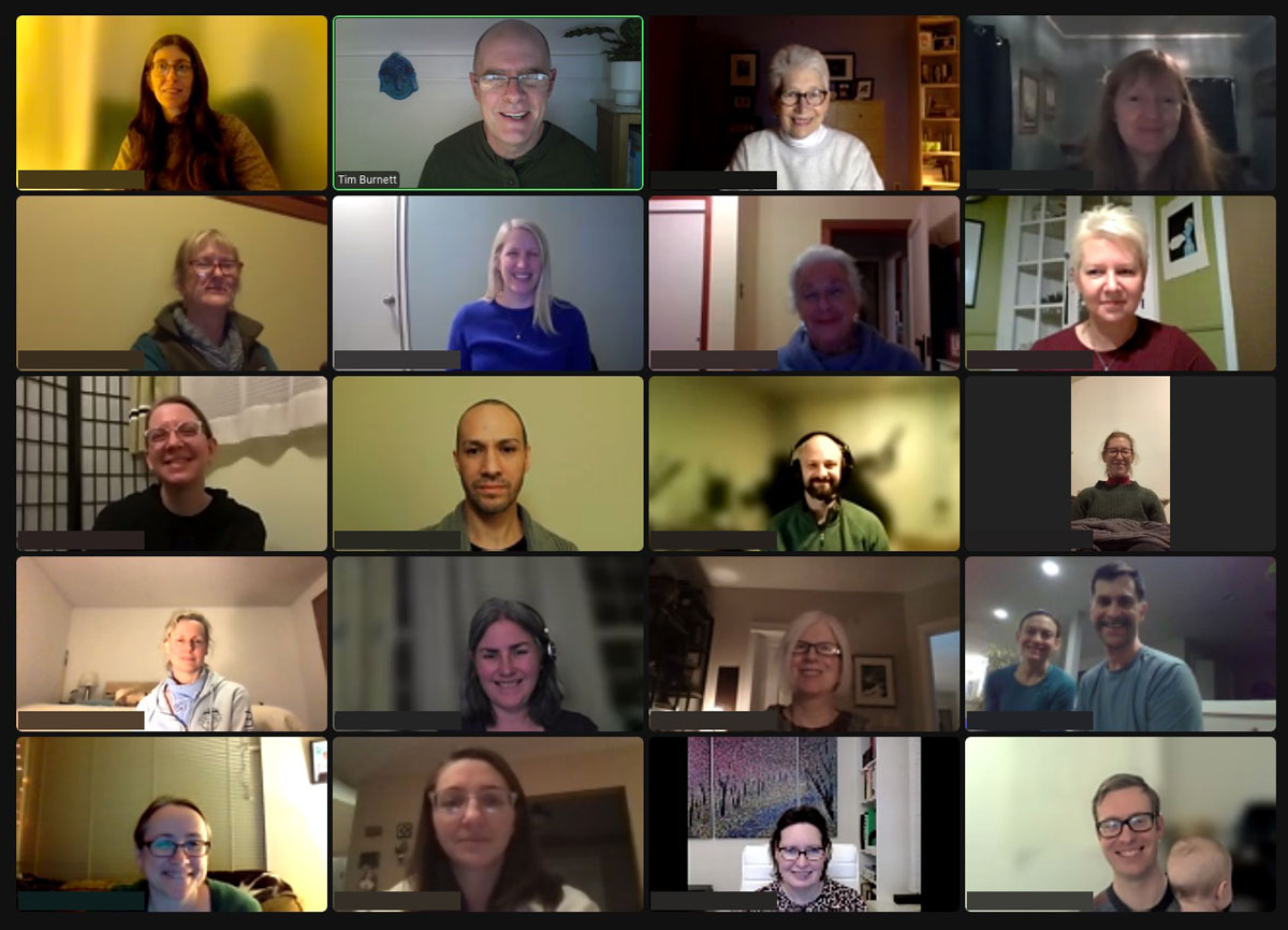 diverse group of people in the Zoom online mindfulness class smiling