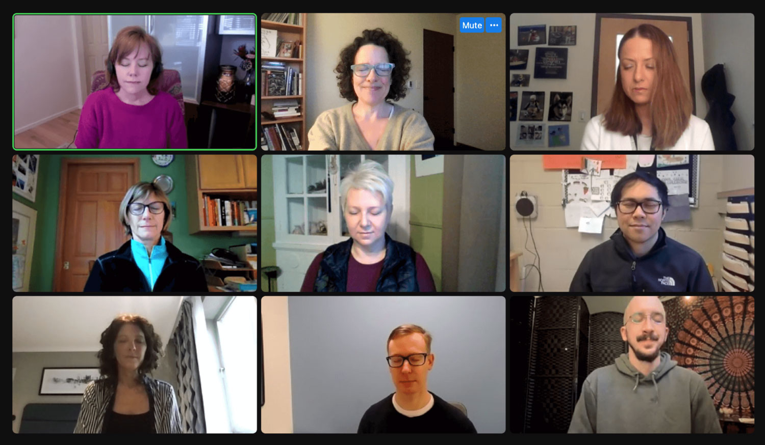 A screenshot of nine people with serene faces and eyes closed, meditating together online. Includes mindfulness instructors Karen Schwisow and Carolyn McCarthy.
