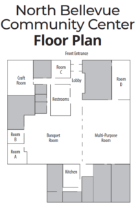 The floor plan of the North Bellevue CC. To get to our classroom, turn right after entering