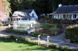 An aerial photo of the Harmony Hill campus, featuring multiple white cottages in grounds filled with lush gardens.