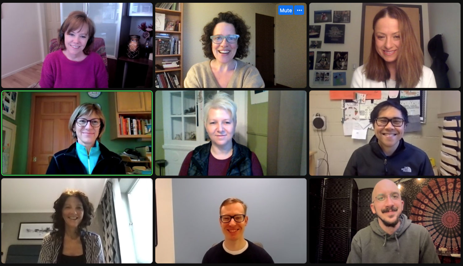 A screenshot of 9 people on zoom, smiling and talking about mindfulness.