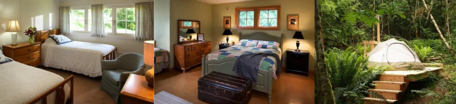 Three pictures, one of each of the types of housing at harmony hill. A tent on a camping platform in the woods, a bright room with twin beds and a cozy room with a queen bed and purple blanket.