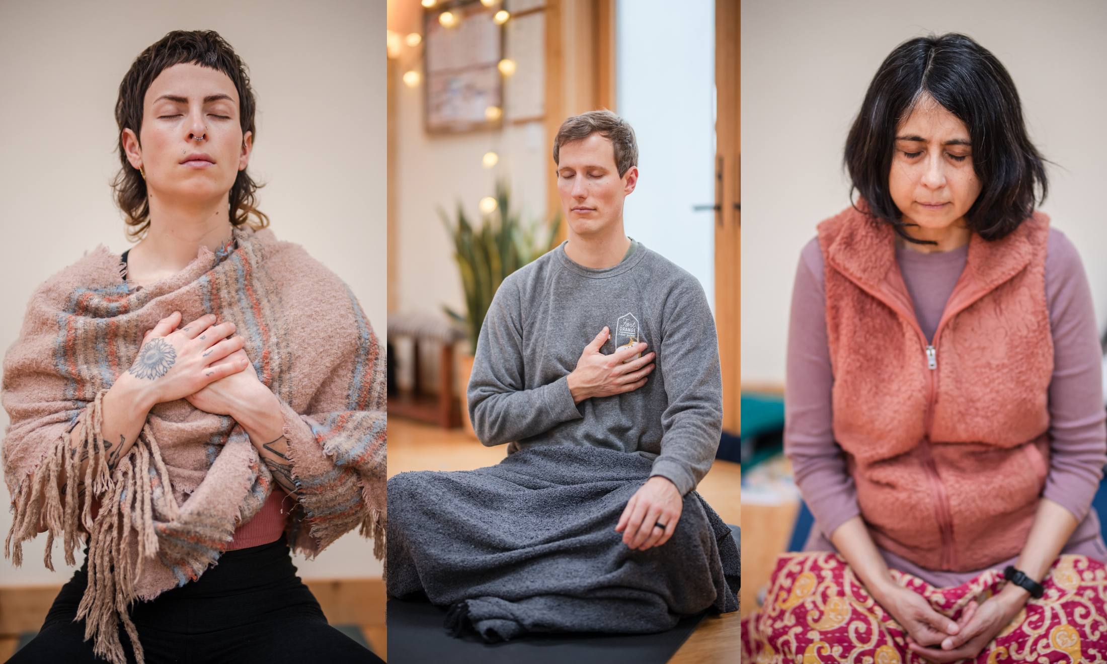 Three photos in a row: each a different person with their eyes closed in meditation. Some have their hands over their hearts.