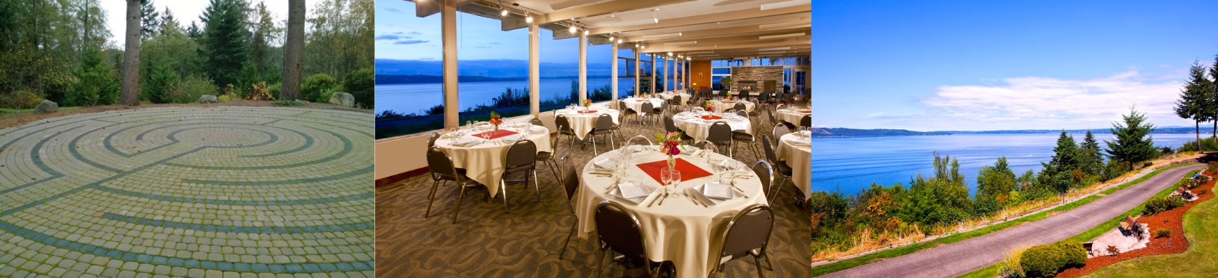 Three images of the Palisades  – The dining hall with sprawling views of puget sound, a stone labrynth and a daytime view of the road to the center.