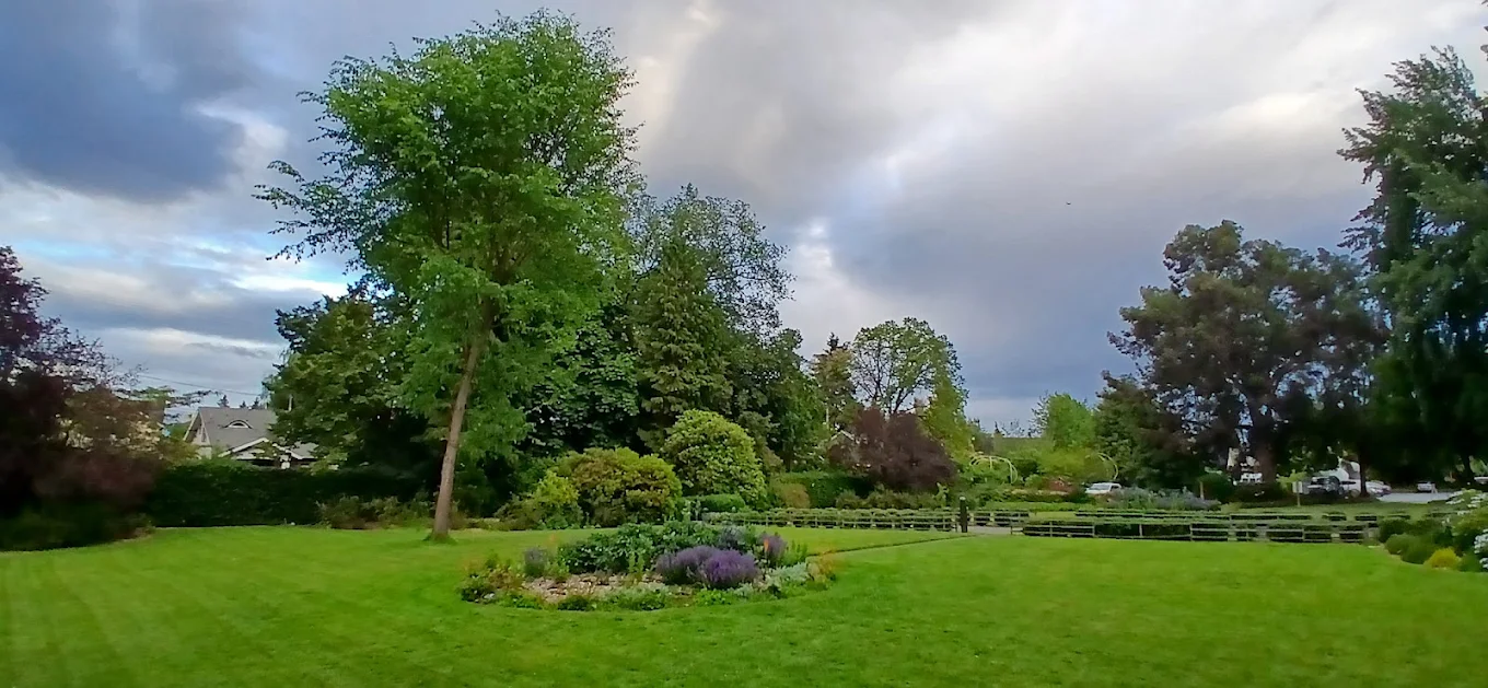 Good Shepherd 5 Three photos; the inside of the meditation hall; pink lotus blossoms among lily pads; the outside of the meditation hall at bow sanctuary.