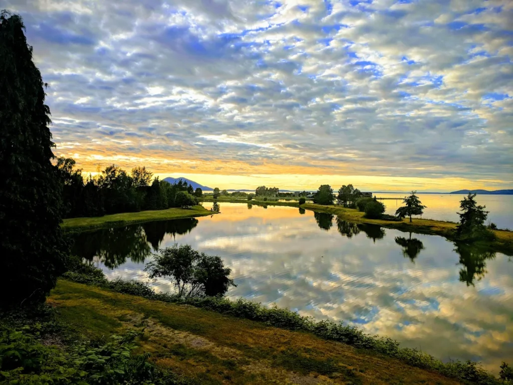 Samish Mindfulness Northwest staff members pictured sitting on driftwood with water and sky in the background
